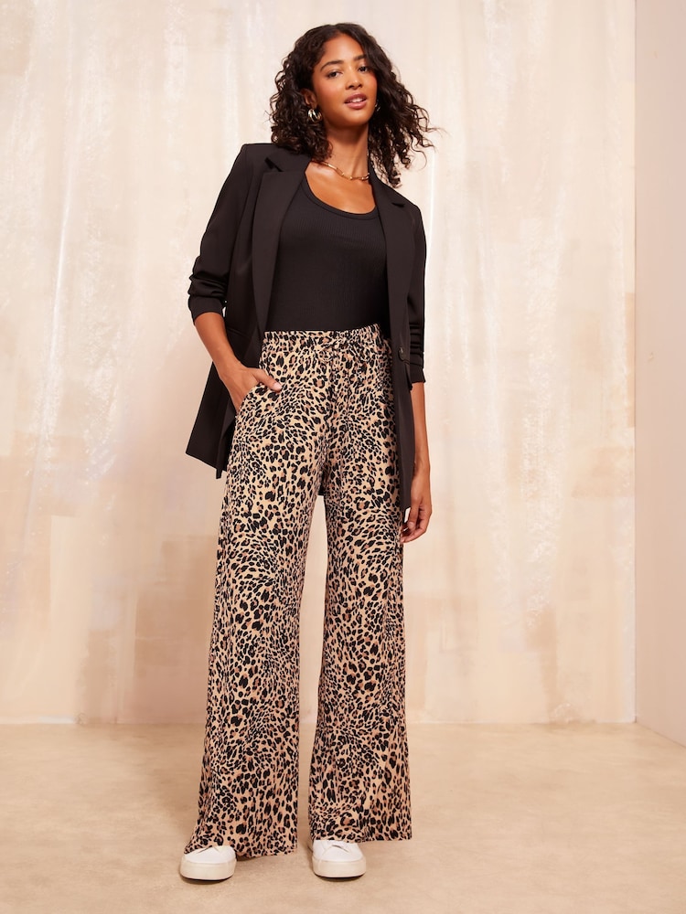 Friends Like These Brown Wide Leg Crinkle Jersey Printed Elasticated Waist Trousers - Image 2 of 4