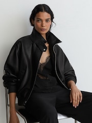 Reiss Black Cara Petite Leather Funnel-Neck Bomber Jacket - Image 1 of 10
