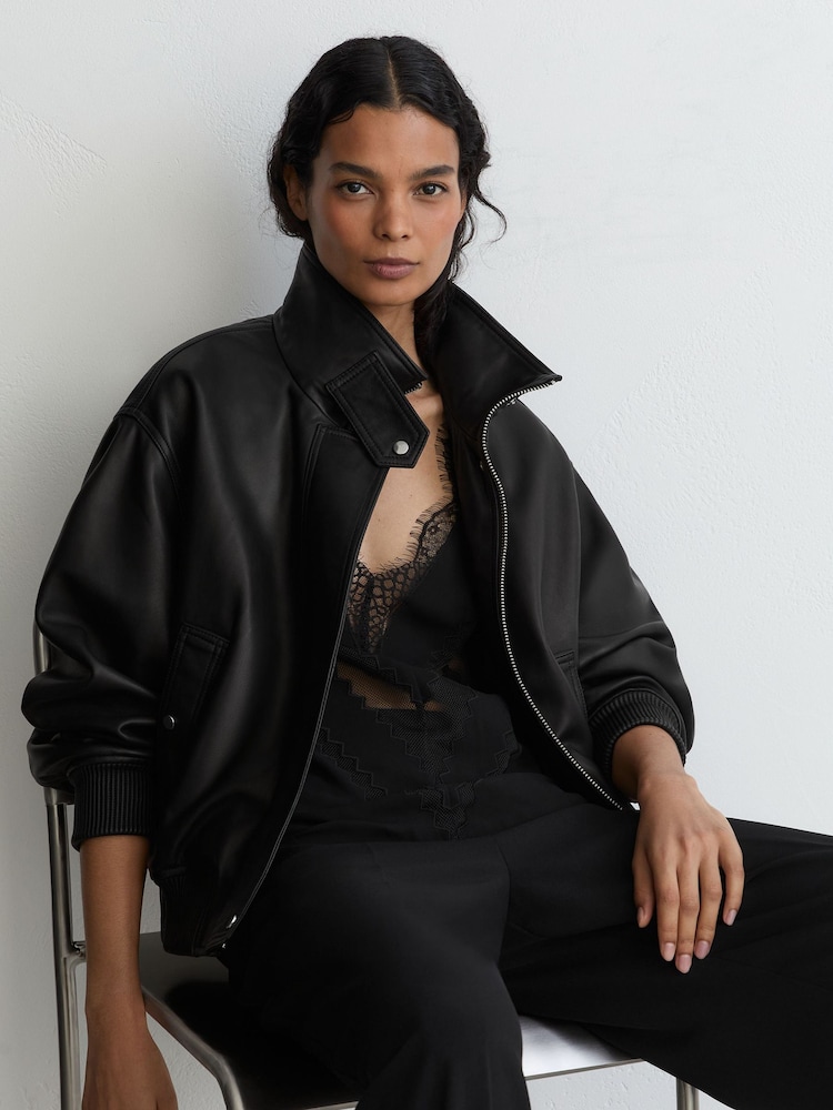 Reiss Black Cara Petite Leather Funnel-Neck Bomber Jacket - Image 1 of 10 Reiss Black Cara Petite Leather Funnel-Neck Bomber Jacket - Image 1 of 10
