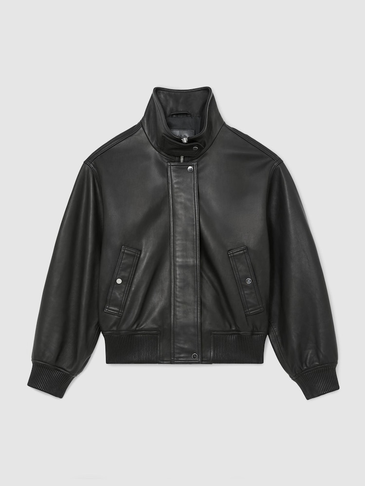 Reiss Black Cara Petite Leather Funnel-Neck Bomber Jacket - Image 2 of 10 Reiss Black Cara Petite Leather Funnel-Neck Bomber Jacket - Image 2 of 10