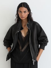 Reiss Black Cara Petite Leather Funnel-Neck Bomber Jacket - Image 3 of 10