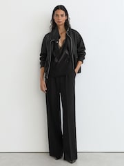 Reiss Black Cara Petite Leather Funnel-Neck Bomber Jacket - Image 5 of 10