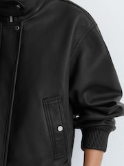 Reiss Black Cara Petite Leather Funnel-Neck Bomber Jacket - Image 6 of 10