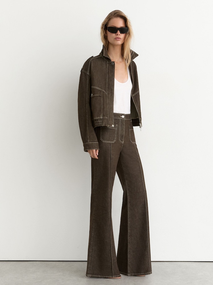 Reiss Brown Blair Petite Relaxed Denim Bomber Jacket - Image 1 of 8 Reiss Brown Blair Petite Relaxed Denim Bomber Jacket - Image 1 of 8