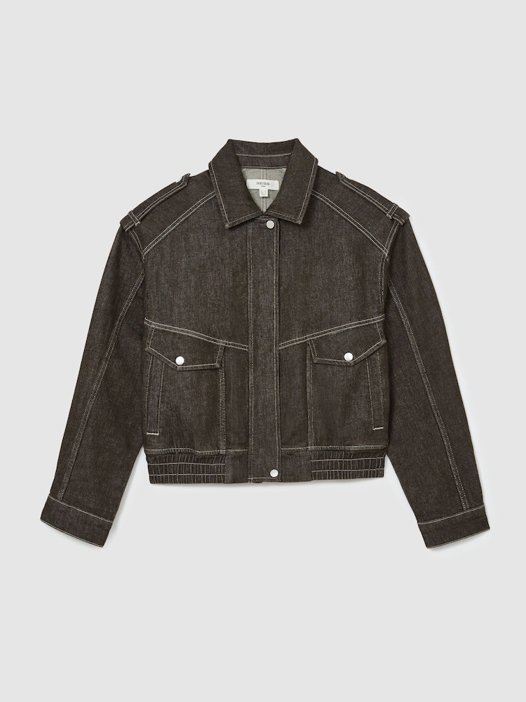 Reiss Brown Blair Petite Relaxed Denim Bomber Jacket - Image 2 of 8 Reiss Brown Blair Petite Relaxed Denim Bomber Jacket - Image 2 of 8