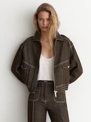 Reiss Brown Blair Petite Relaxed Denim Bomber Jacket - Image 3 of 8