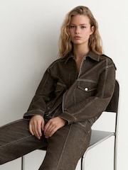 Reiss Brown Blair Petite Relaxed Denim Bomber Jacket - Image 6 of 8