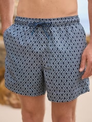 Navy Geometric Tile Printed Swim Shorts - Image 1 of 10