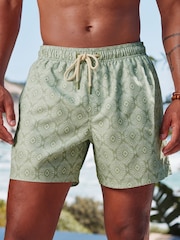 Sage Green Geometric Printed Swim Shorts - Image 1 of 11