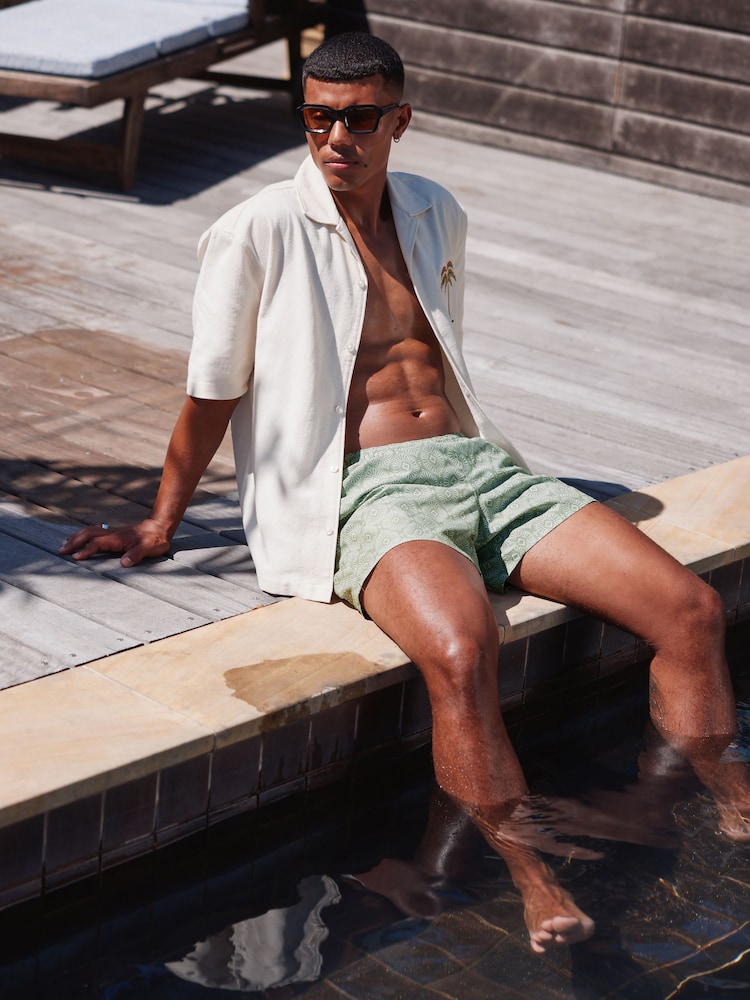 Sage Green Geometric Printed Swim Shorts - Image 4 of 11