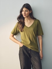Olive Green Cotton Modal Slouch V-Neck T-Shirt - Image 1 of 8