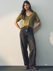 Olive Green Cotton Modal Slouch V-Neck T-Shirt - Image 2 of 8