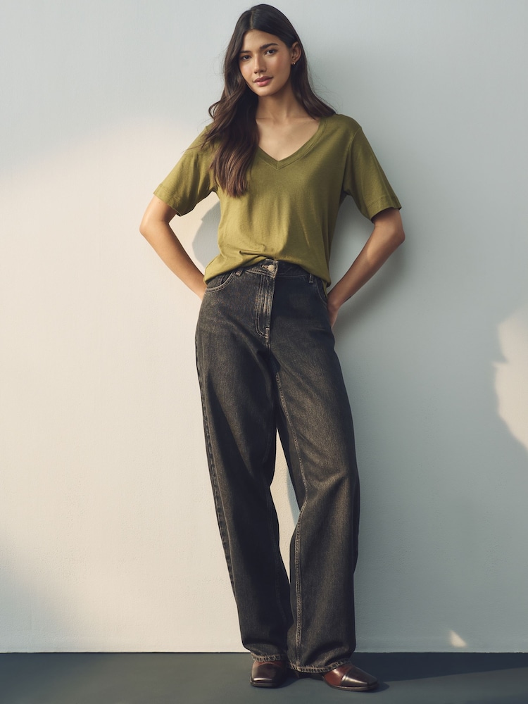Olive Green Cotton Modal Slouch V-Neck T-Shirt - Image 2 of 8