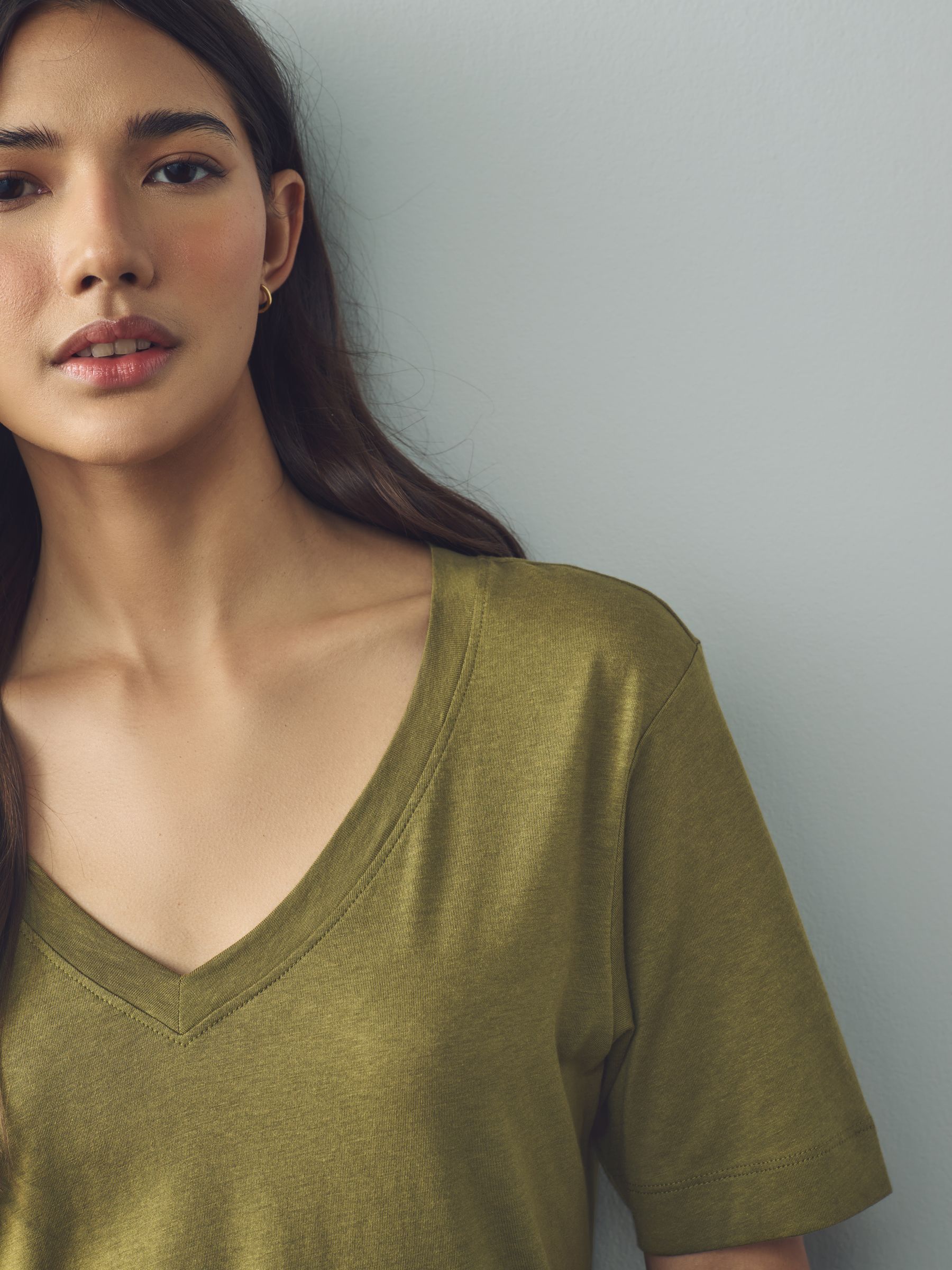 Buy Olive Green Cotton Modal Slouch V-Neck T-Shirt from Next USA