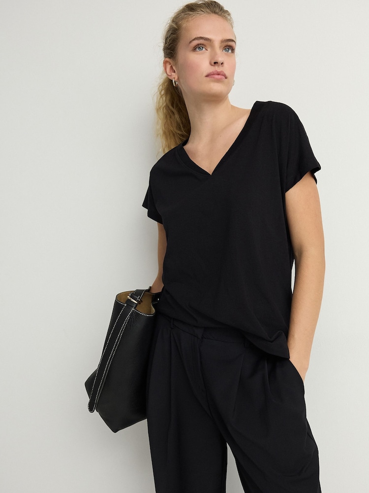 Black V-Neck Cap Sleeve T-Shirt - Image 1 of 4