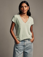 Sage Green V-Neck Cap Sleeve T-Shirt - Image 1 of 7