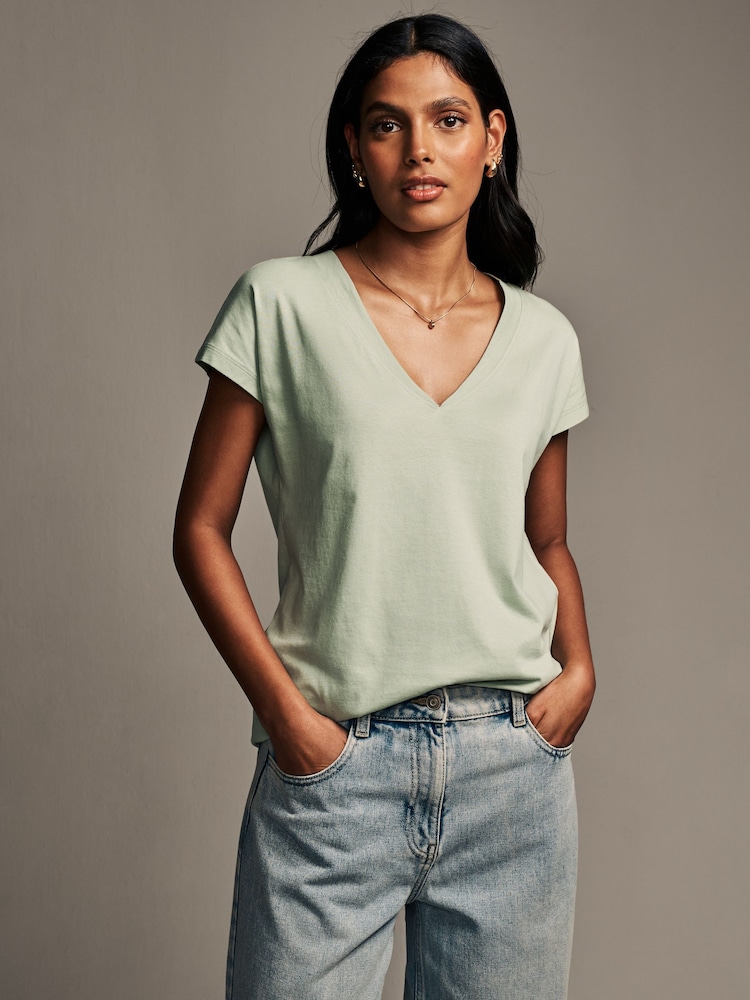 Sage Green V-Neck Cap Sleeve T-Shirt - Image 1 of 7