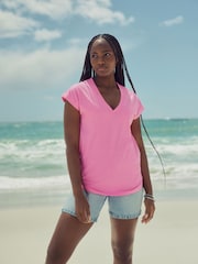 Fluro Pink V-Neck Cap Sleeve T-Shirt - Image 2 of 8