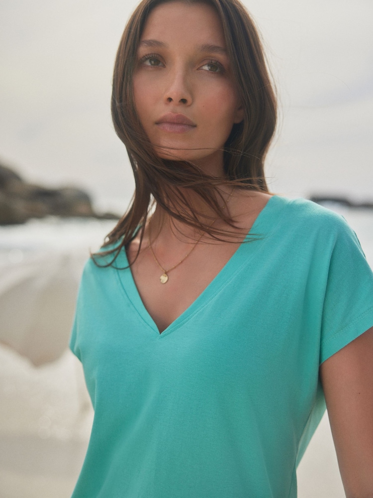 Blue V-Neck Cap Sleeve T-Shirt - Image 1 of 4