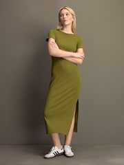 Khaki Green Ribbed T-Shirt Style Column Maxi Dress With Slit Detail - Image 1 of 8