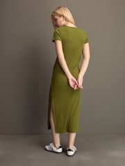 Khaki Green Ribbed T-Shirt Style Column Maxi Dress With Slit Detail - Image 2 of 8