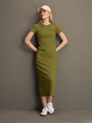 Khaki Green Ribbed T-Shirt Style Column Maxi Dress With Slit Detail - Image 3 of 8