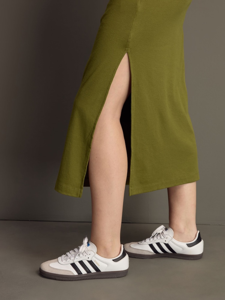 Khaki Green Ribbed T-Shirt Style Column Maxi Dress With Slit Detail - Image 4 of 8