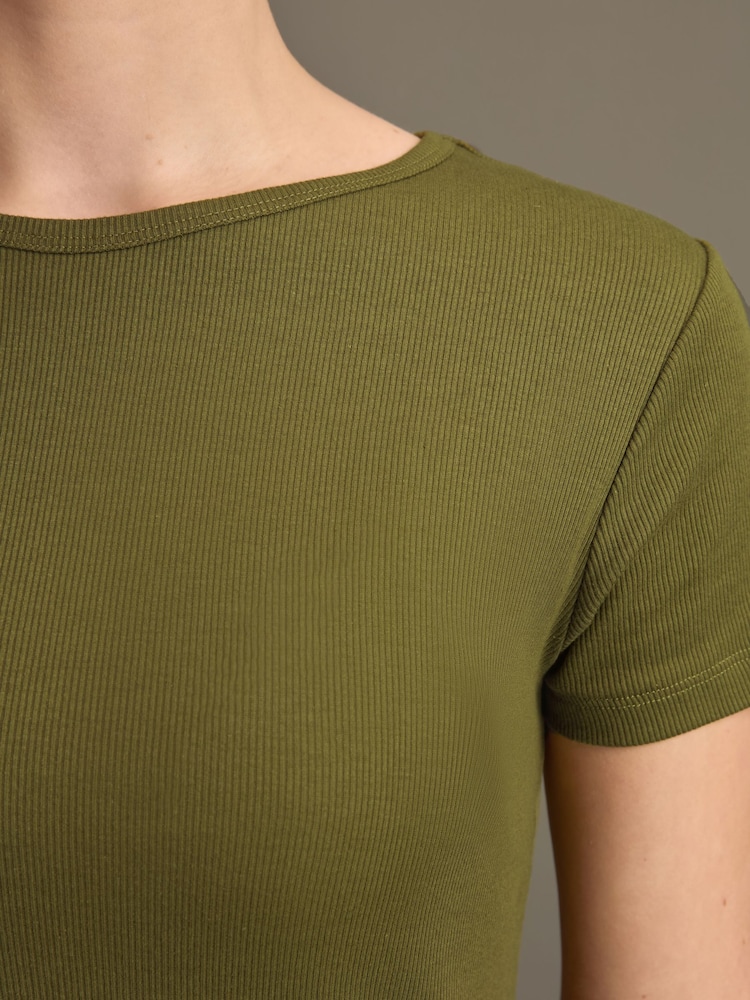 Khaki Green Ribbed T-Shirt Style Column Maxi Dress With Slit Detail - Image 5 of 8