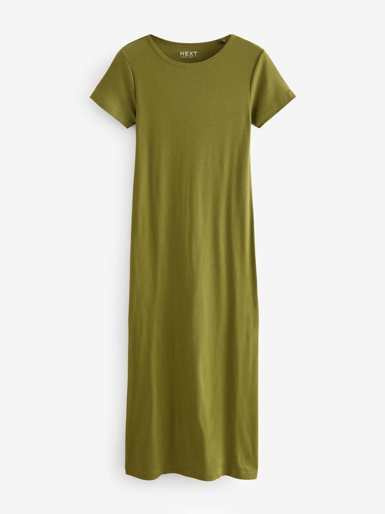 Khaki Green Ribbed T-Shirt Style Column Maxi Dress With Slit Detail - Image 6 of 8