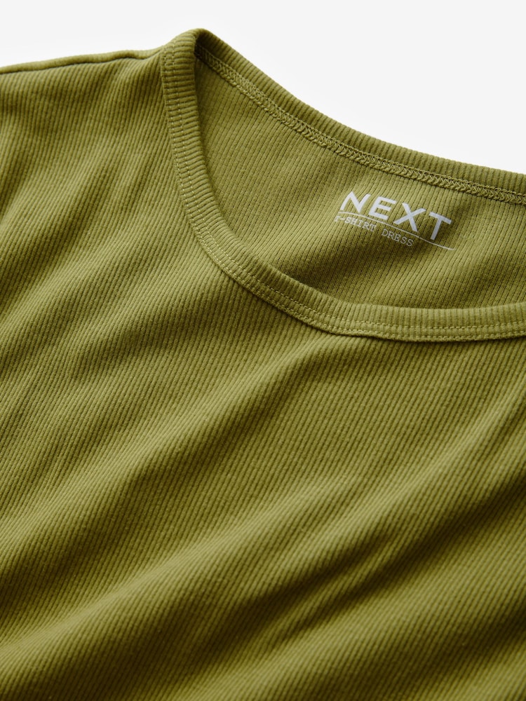 Khaki Green Ribbed T-Shirt Style Column Maxi Dress With Slit Detail - Image 8 of 8
