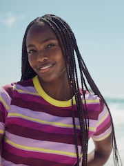 Purple/Pink Stripe Essential Pure Cotton Short Sleeve Crew Neck T-Shirt - Image 1 of 5