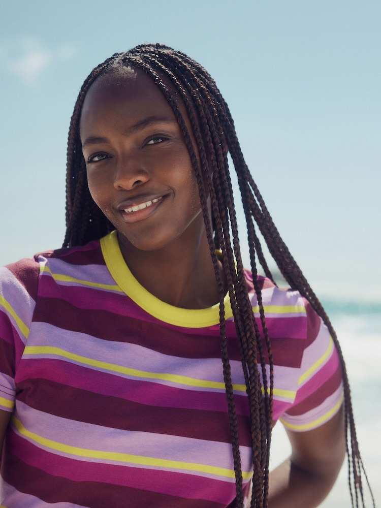 Purple/Pink Stripe Essential Pure Cotton Short Sleeve Crew Neck T-Shirt - Image 1 of 5