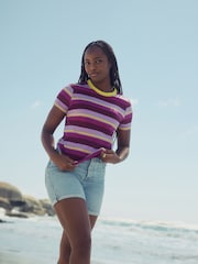 Purple/Pink Stripe Essential Pure Cotton Short Sleeve Crew Neck T-Shirt - Image 2 of 5