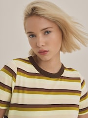 Ecru/Chocolate Stripe Essential Pure Cotton Short Sleeve Crew Neck T-Shirt - Image 1 of 7