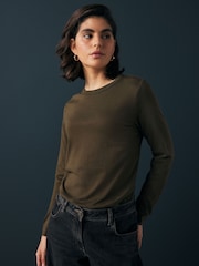 Olive Green 100% Cotton Long Sleeve T-Shirt - Image 5 of 11