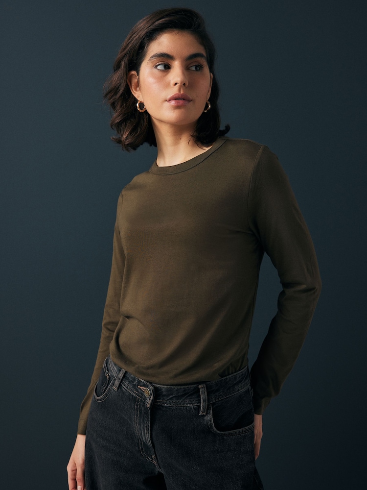 Olive Green 100% Cotton Long Sleeve T-Shirt - Image 5 of 11