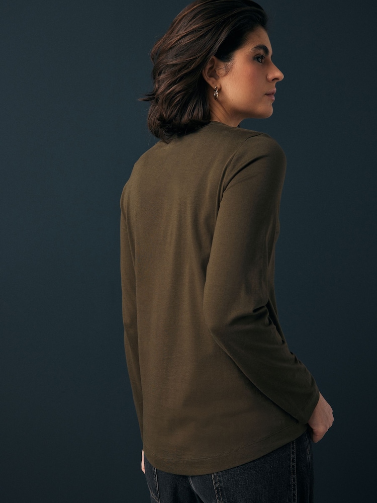 Olive Green 100% Cotton Long Sleeve T-Shirt - Image 7 of 11