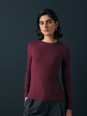 Wine Red Long Sleeve Ribbed T-Shirt - Image 1 of 7