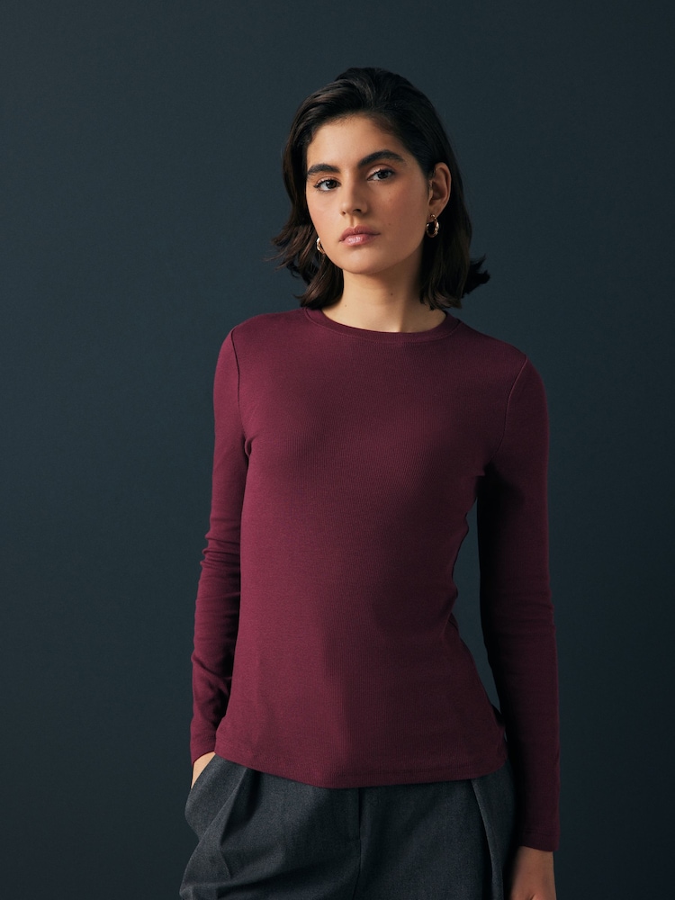 Wine Red Long Sleeve Ribbed T-Shirt - Image 1 of 7