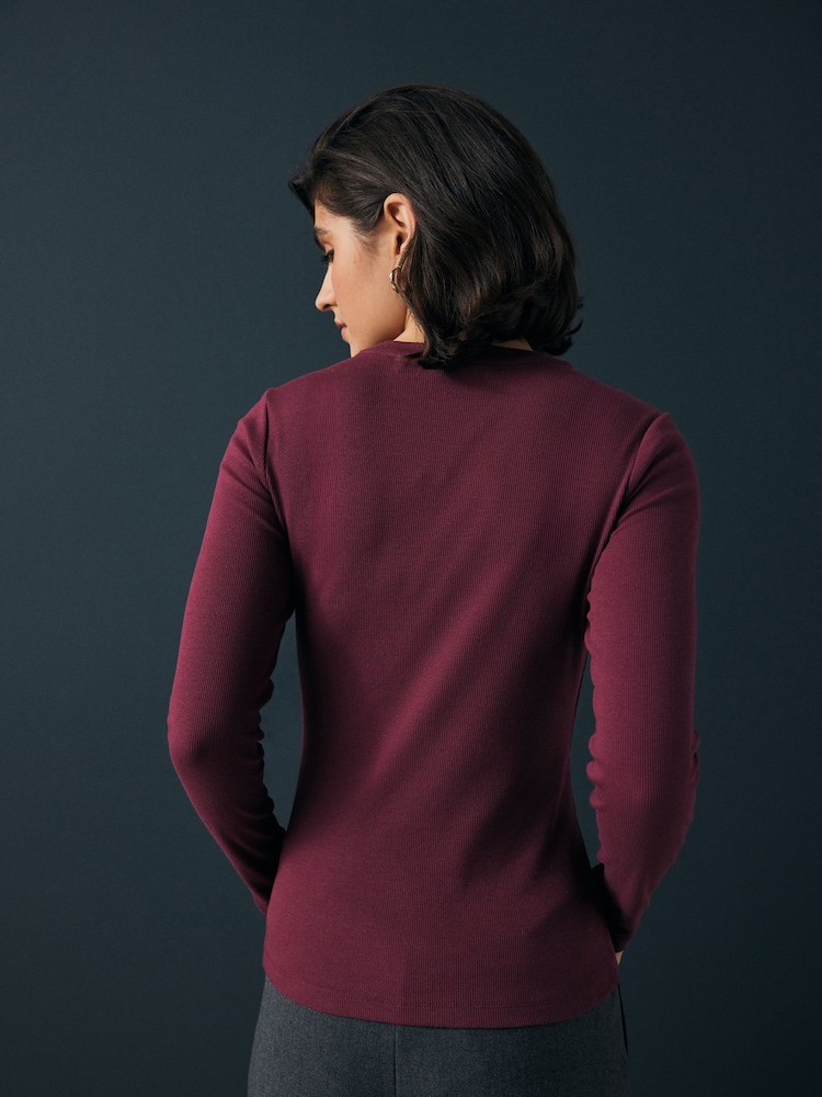Wine Red Long Sleeve Ribbed T-Shirt - Image 3 of 7
