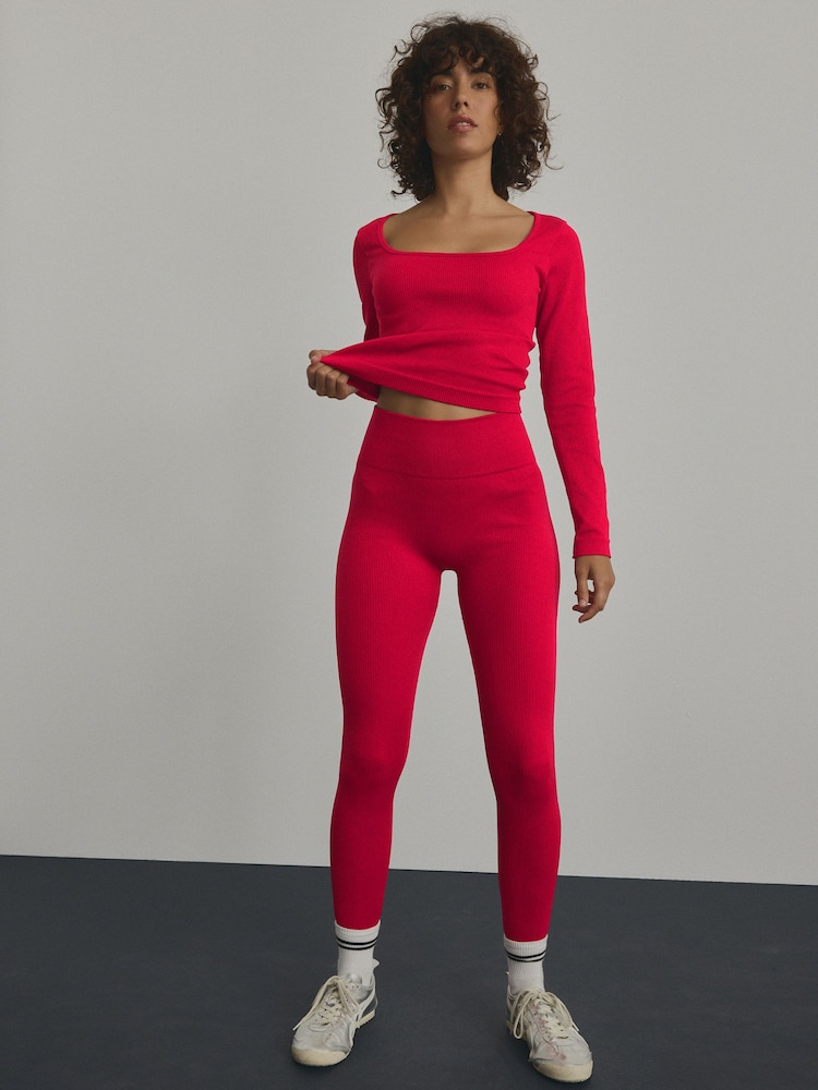 Red Ribbed Seamless High Waist Leggings - Image 2 of 6