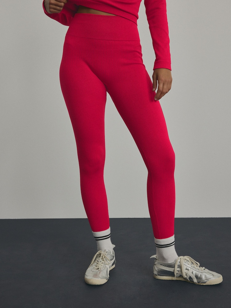 Red Ribbed Seamless High Waist Leggings - Image 3 of 6
