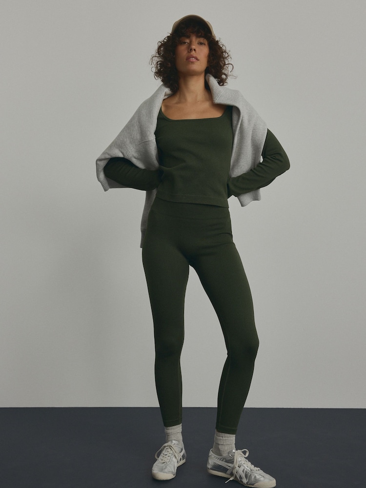 Forest Green Ribbed Seamless High Waist Leggings - Image 1 of 8