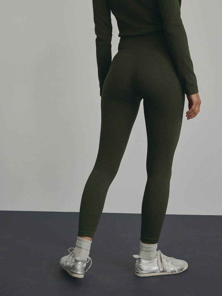 Forest Green Ribbed Seamless High Waist Leggings - Image 4 of 8
