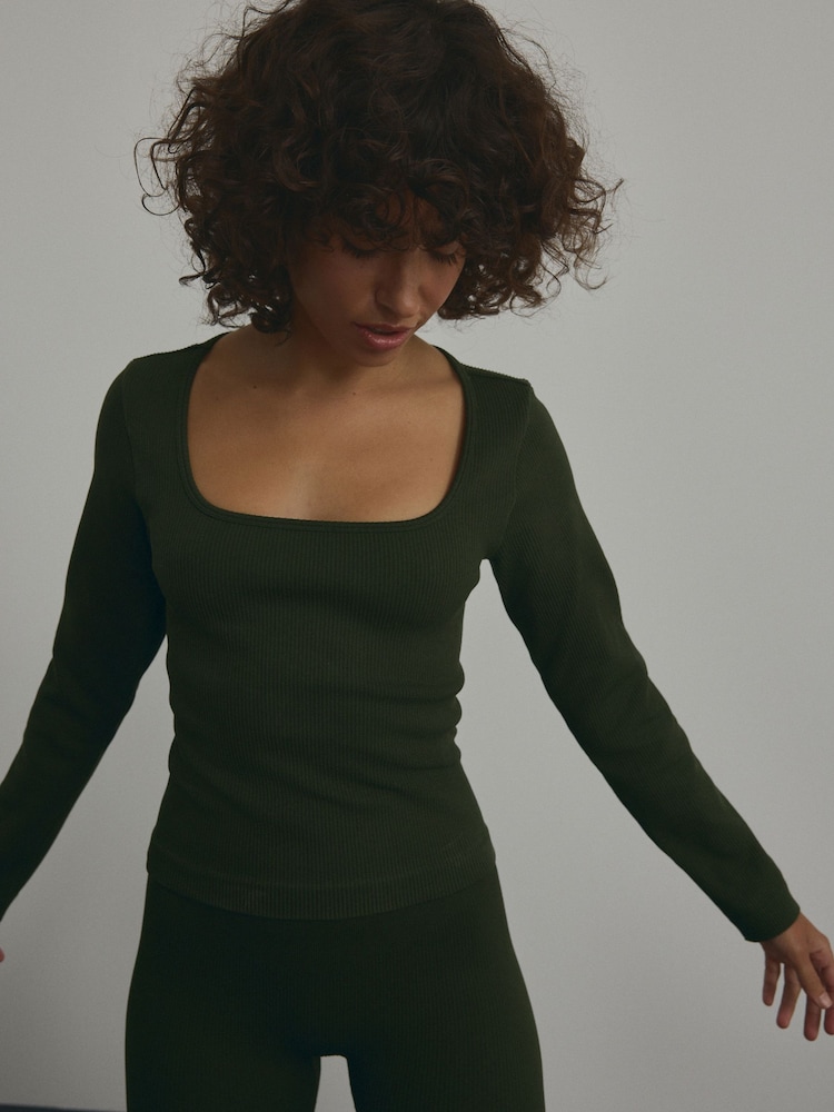 Forest Green Scoop Ribbed Long Sleeve Top - Image 1 of 7 Forest Green Scoop Ribbed Long Sleeve Top - Image 1 of 7