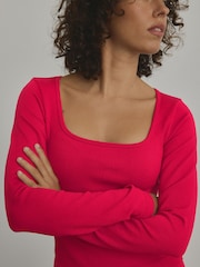 Red Scoop Ribbed Long Sleeve Top - Image 2 of 7