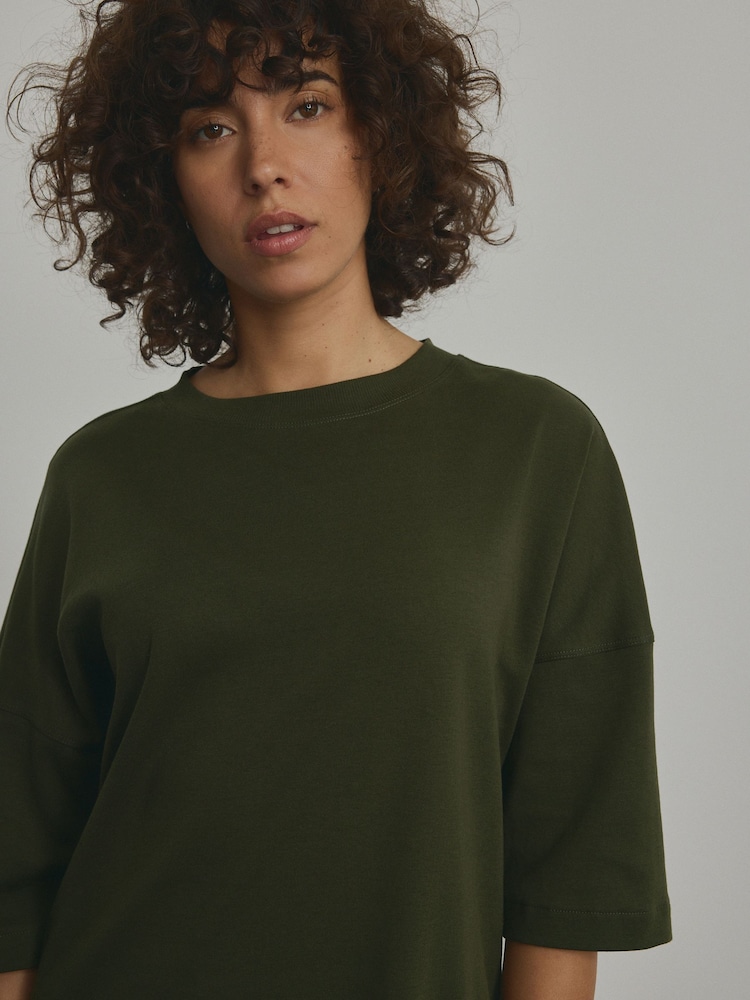 Forest Green 100% Cotton Relaxed Fit Heavyweight Longline Crew Neck T-Shirt - Image 1 of 8