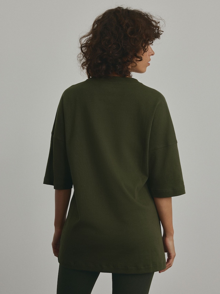 Forest Green 100% Cotton Relaxed Fit Heavyweight Longline Crew Neck T-Shirt - Image 2 of 8