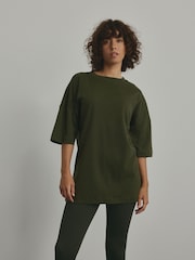 Forest Green 100% Cotton Relaxed Fit Heavyweight Longline Crew Neck T-Shirt - Image 3 of 8