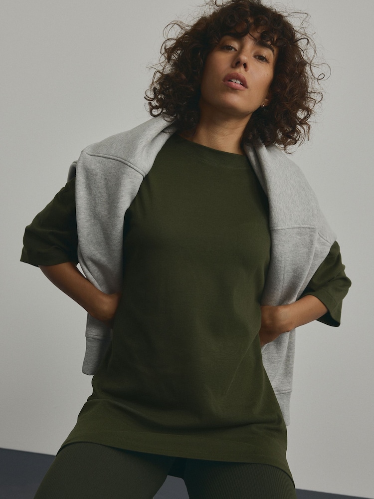 Forest Green 100% Cotton Relaxed Fit Heavyweight Longline Crew Neck T-Shirt - Image 5 of 8